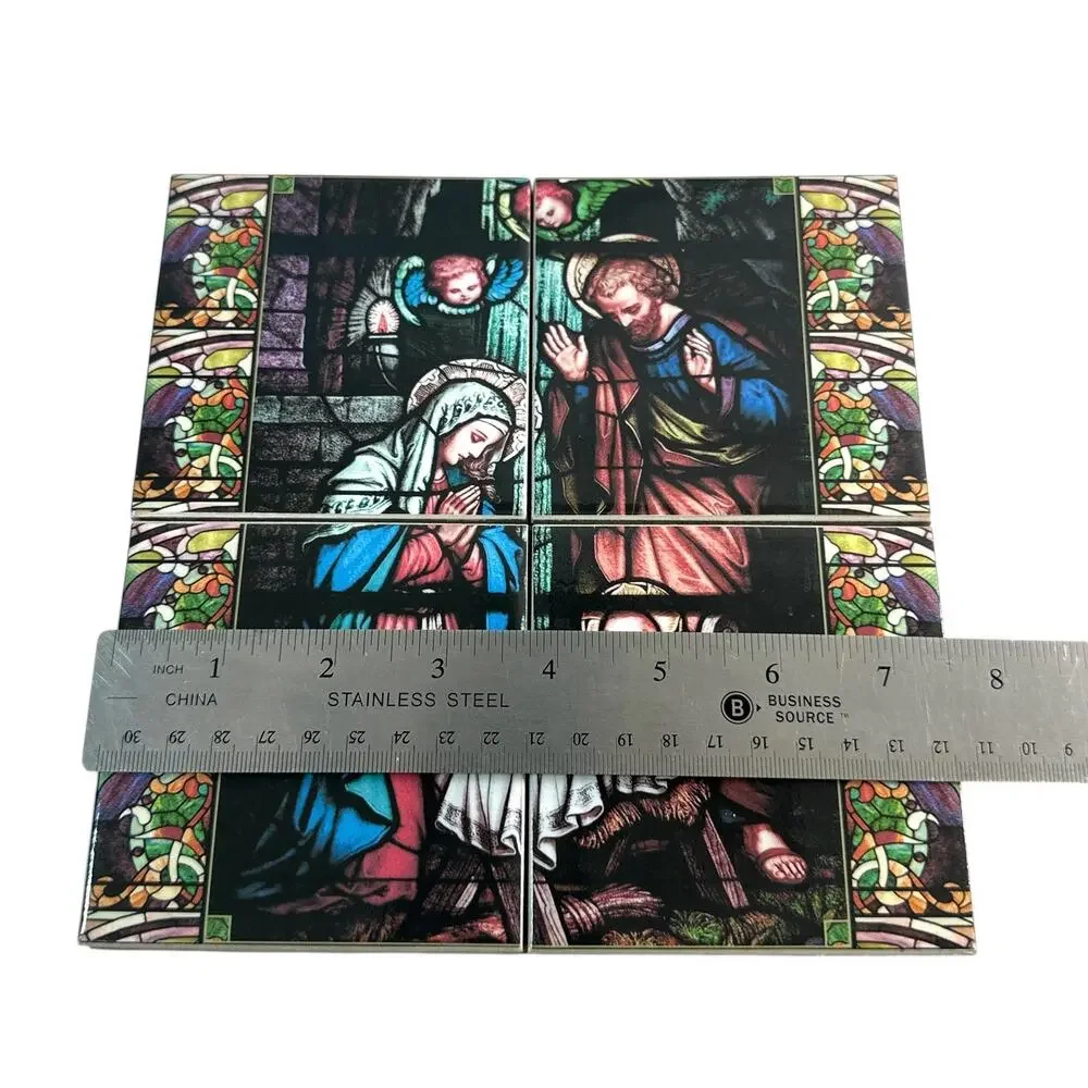 Vintage Nativity Holy Family Ceramic Tile Wall Plaque Stained Glass Style 7.5”